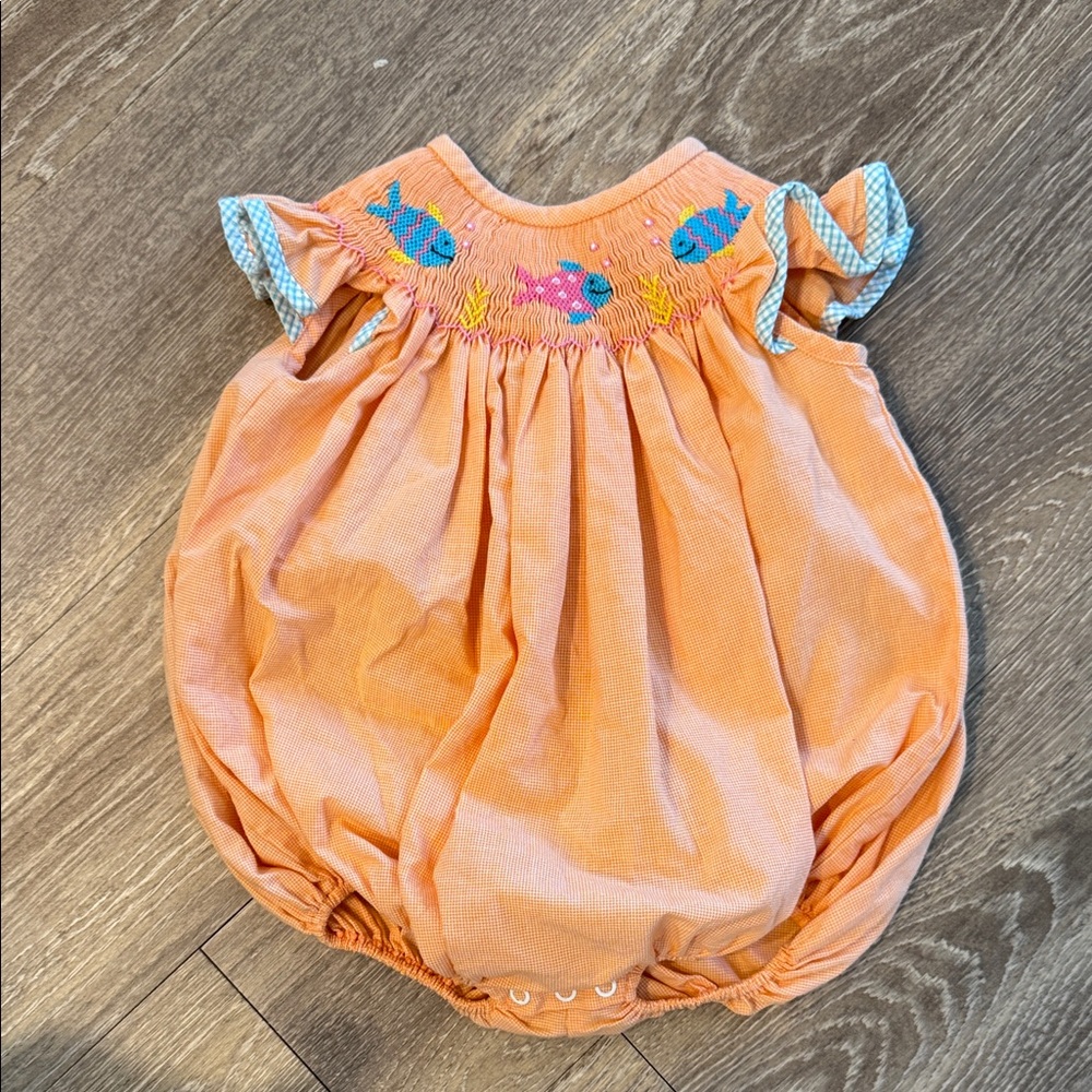 Classic whimsy Orange Baby baby Romper with Fish Embroidery